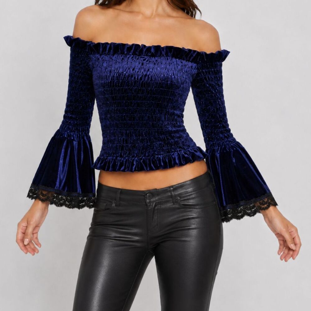 Gothic Victorian Navy Velvet Off Shoulder Blouse Size Small